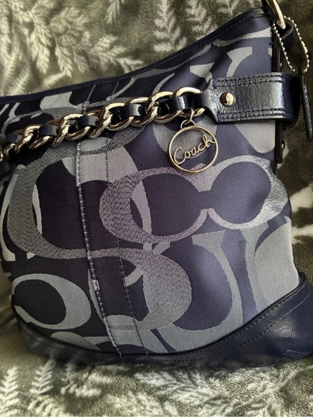 Coach Navy and Gray Signature Chain-Trim Shoulder Bag